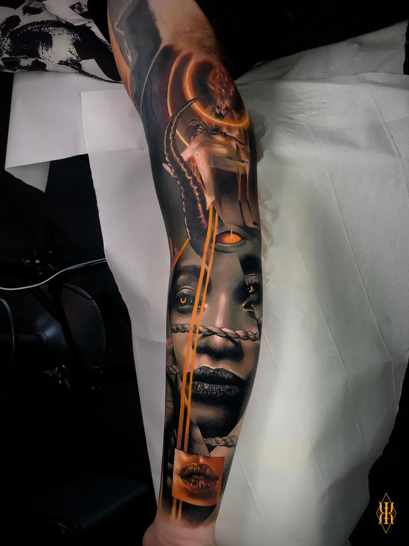 Trabajo seleccionado: brazo con composición negra y naranja